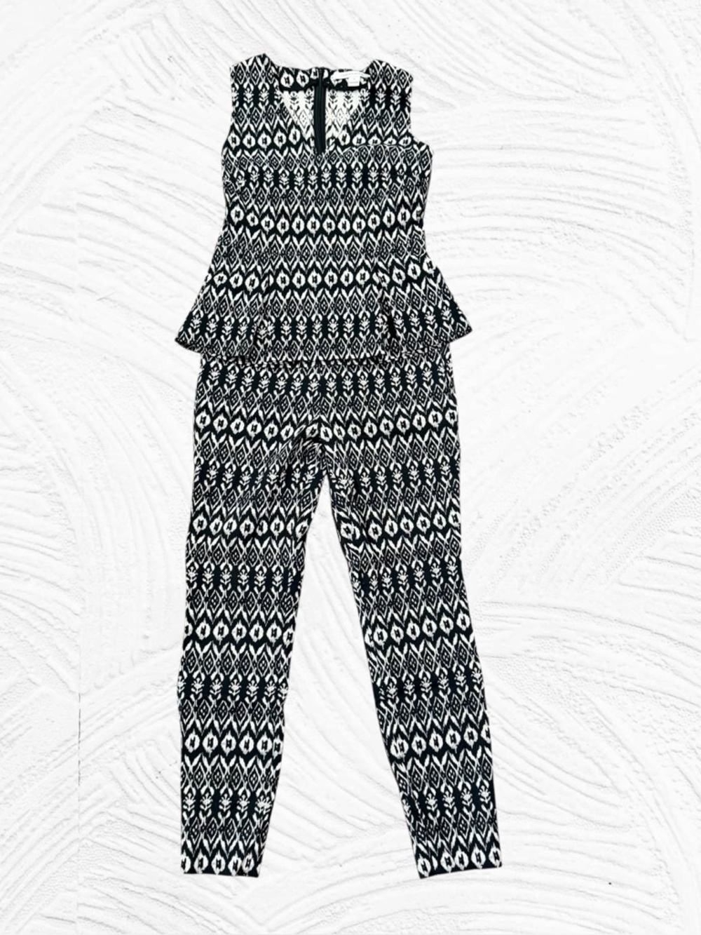 Diane von Furstenberg Set Ailey Peplum Top Pixie Pant 8 Black White Aztec Ikat